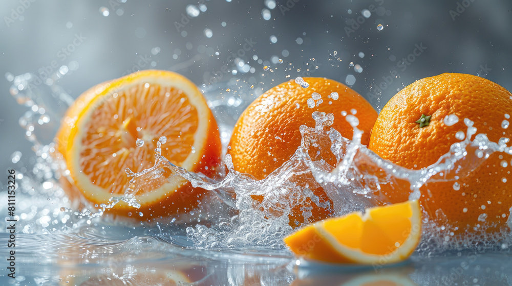 Three oranges are splashing in water, with one of them being cut in half. The scene is lively and playful, with the oranges creating a sense of motion and energy Three oranges are splashing in water, with one of them being cut in half. The scene is lively and playful, with the oranges creating a sense of motion and energy