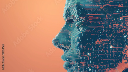 A close up of the face profile of an artificial intelligence, made out of lines and shapes in a blue gradient, in the pixel art style.