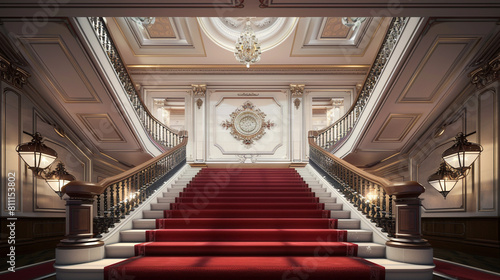 Luxury entrance hall with cherry red carpeted stairs featuring ornate plasterwork and a grand ceiling medallion The space is illuminated by traditional lantern-style chandeliers