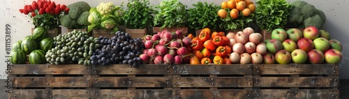 A wooden crate filled with a variety of fruits and vegetables