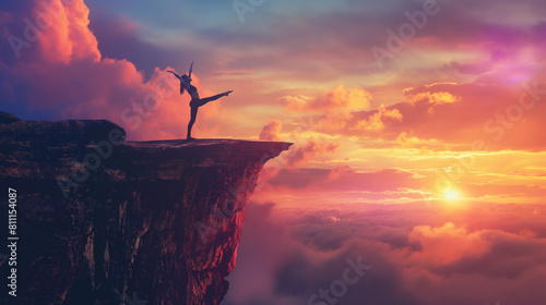 A breathtaking silhouette of a person executing the dancer's pose (Natarajasana) on a cliff edge, with the radiant colors of sunrise painting the sky. Dynamic and dramatic composit photo