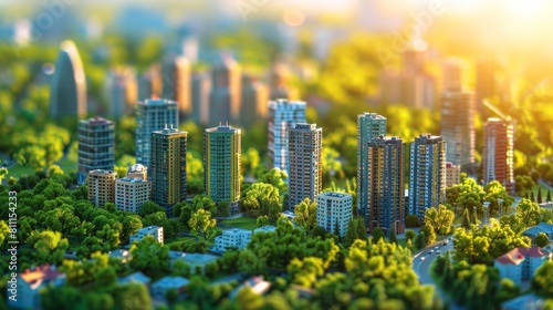 Tilt-shift miniature-style photo of a colorful model cityscape with various buildings and trees. Urban planning and architecture concept. 