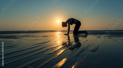 An inspiring silhouette of a person practicing the camel pose  Ustrasana  on a deserted beach  with the first rays of sunlight casting long shadows. Dynamic and dramatic compositio