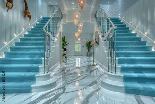 Luxury home entry with sky blue carpeted stairs flanked by polished nickel railings and a glossy marble floor A series of small chic pendant lights hang from a high ceiling adding to the decor photo