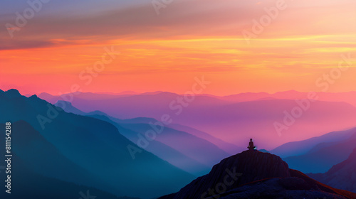 A captivating silhouette of a person practicing the mountain pose (Tadasana) on a mountaintop, with the expansive sky ablaze with the colors of sunrise. Dynamic and dramatic compos