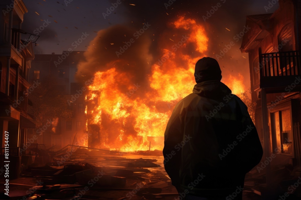 A man from the fire department stands confidently in front of a large fire, ready to tackle the flames. A man from the fire department stands confidently in front of a large fire, ready to tackle the flames.