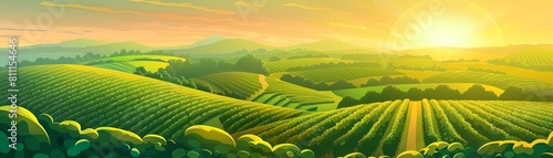 Design an aerial perspective of a lush vineyard sprawling across rolling hills