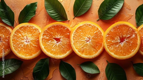 Orange slices, tangy and delicious, Top down view. commercial photo of fruits and flavors.