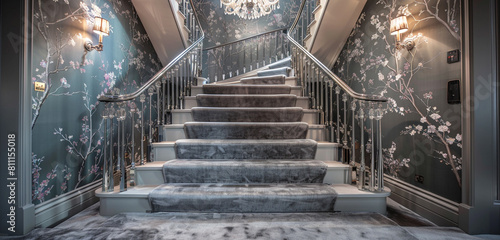 Luxury mansion foyer with soft gray carpeted stairs flanked by an ornate silver banister and a delicate floral wallpaper The space is beautifully lit by a tiered crystal chandelier