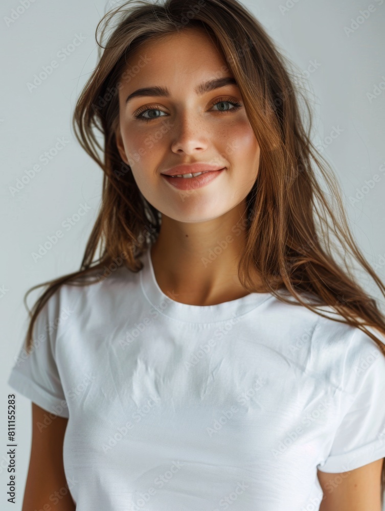 Woman wearing white tshirt mockup created with generative AI Woman wearing white tshirt mockup created with generative AI