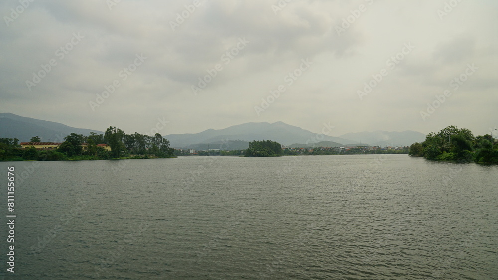 City landscape next to a large lake