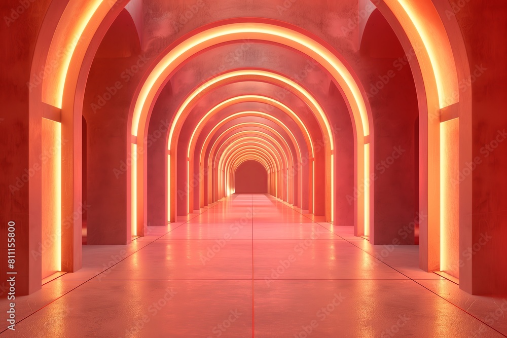 Futuristic red and orange illuminated corridor with infinite perspective design Futuristic red and orange illuminated corridor with infinite perspective design