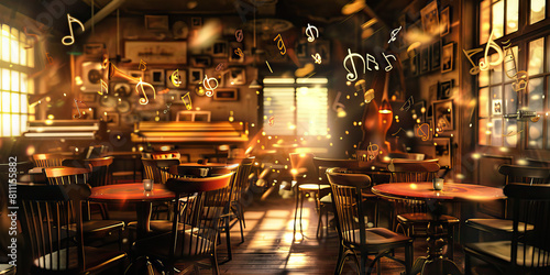 Jazz Cafe Rhythms: Music Notes Drifting Amidst Tables and Chairs in a Cozy Jazz Cafe