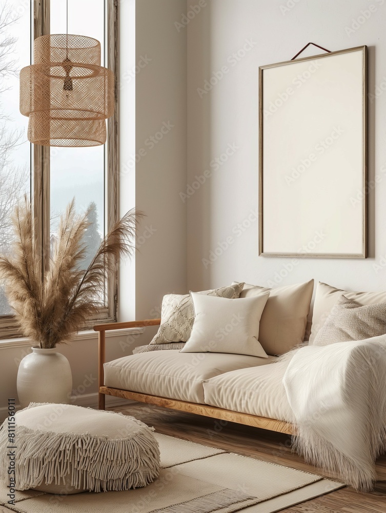 Frame mockup, Scandinavian style home living room interior with sofa, wall poster frame design, 3D render Frame mockup, Scandinavian style home living room interior with sofa, wall poster frame design, 3D render