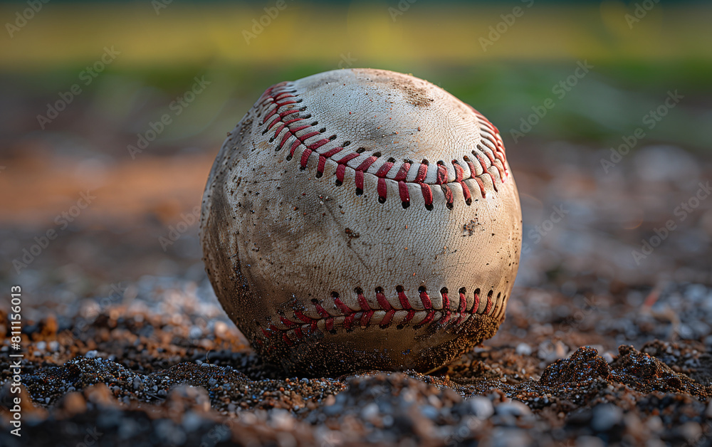Dirty baseball on ground close-up in evening light