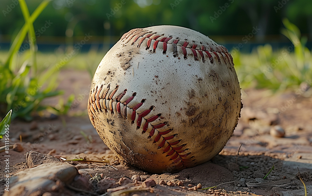 Close-up of worn baseball on dirt field in summer