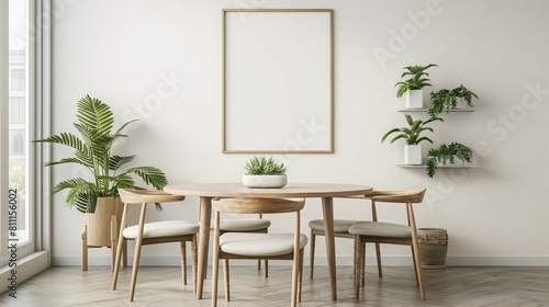 Frame mockup  home interior with wooden table and chair  wall poster frame design  3D render