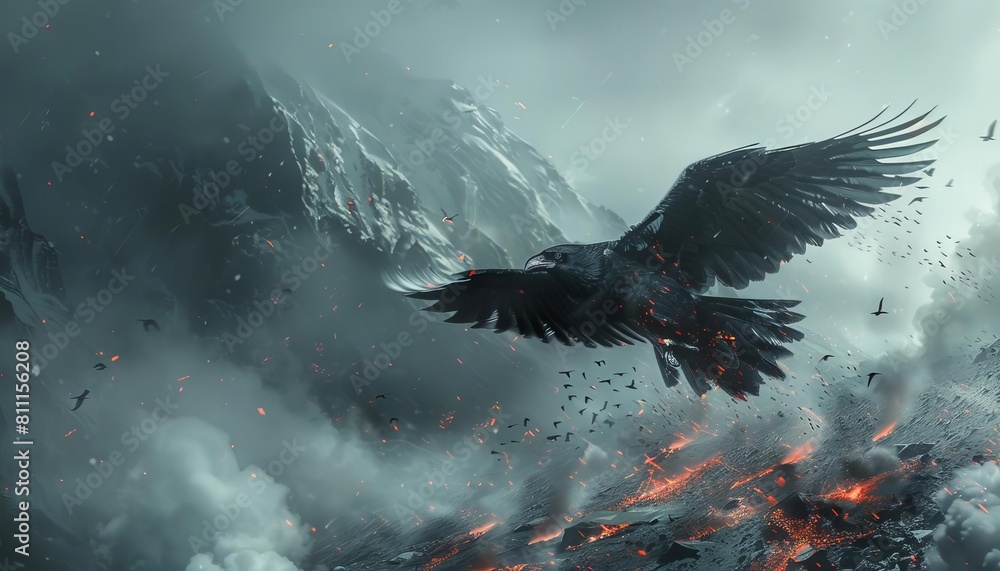 Fototapeta premium Illustrate a majestic bird flying high above a sprawling obsidian mine