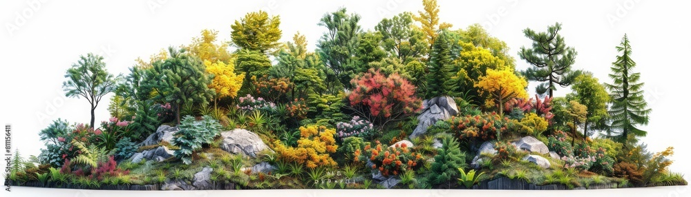 A lush green forest with a rocky outcropping A lush green forest with a rocky outcropping