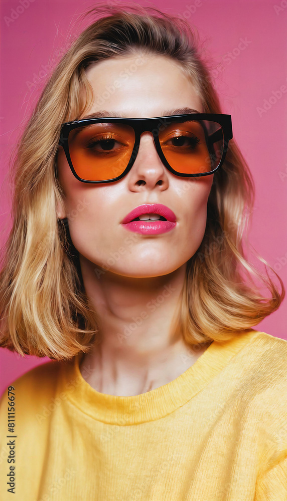photo of beautiful woman with blonde hair and style sunglasses standing against pink background, generative AI