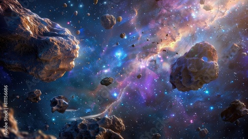 Explore the enchanting realm of space filled with asteroids and meteorites drifting through nebulae This high resolution deep space image is perfect for those who adore science fiction fant photo