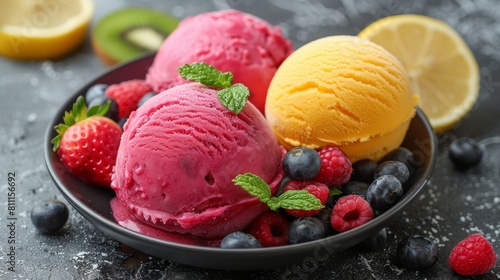 Assorted flavored ice creams with fresh blueberry  strawberry  kiwi  lemon  vanilla setup on rustic background. 