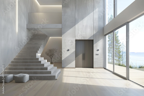 Modern entryway with an ash gray staircase large front door and broad light hardwood floors stretching to a tall ceiling Cool minimalist design
