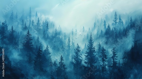 Imagine a mesmerizing aerial perspective of a vast pine forest blanketed in slate blue mist, evoking a sense of mystery and tranquility, with hints of unseen wildlife photo