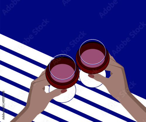 Hands holding glasses with red wine. Friends raise a toast with glasses of wine at a family dinner.    Relax on the terrace by the sea. Minimalistic and flat color drawing. Vector illustration