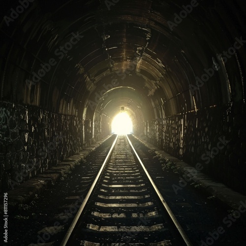 Old creepy railroad tunnel with bright light at the end