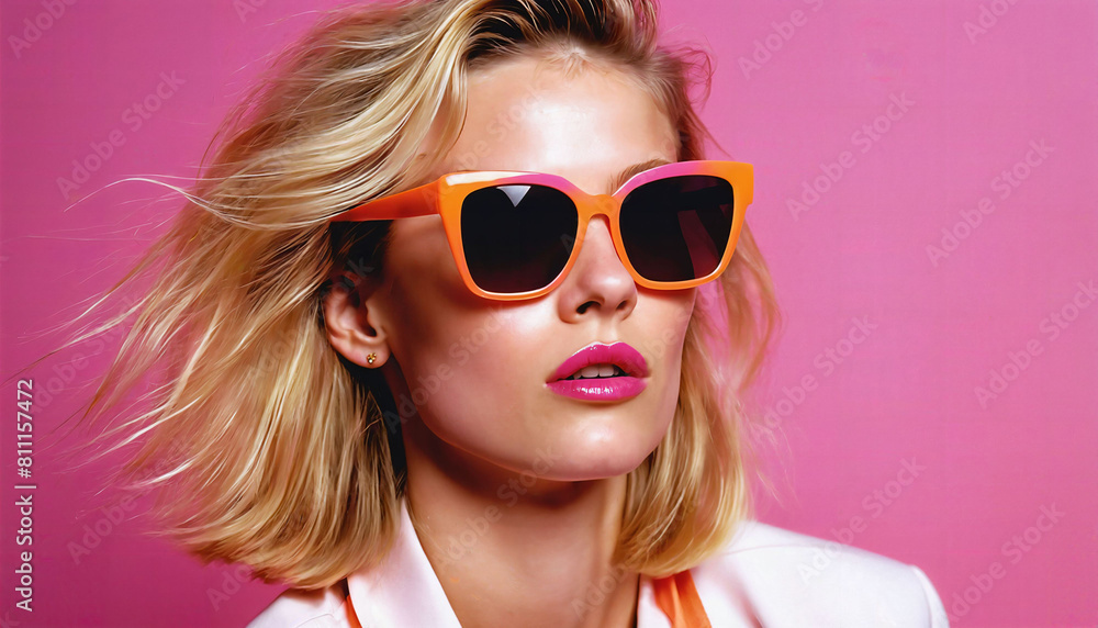 photo of beautiful woman with blonde hair and style sunglasses standing against pink background, generative AI photo of beautiful woman with blonde hair and style sunglasses standing against pink background, generative AI