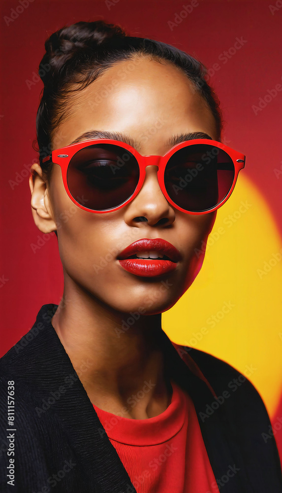 photo of beautiful african woman with style sunglasses standing against red and yellow background, generative AI photo of beautiful african woman with style sunglasses standing against red and yellow background, generative AI