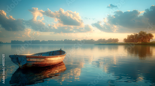 Idyllic tranquility: A fishing boat floats on a calm lake photo