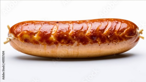 Juicy grilled sausage on a white background.