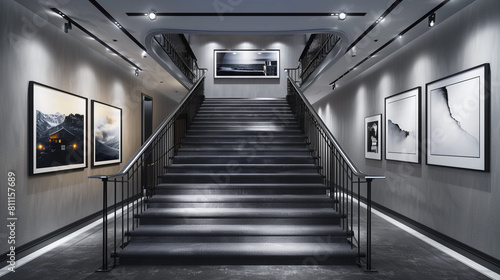 Modern luxury foyer with ash gray carpeted stairs framed by a minimalist iron railing and a high-contrast black and white photo gallery Spotlights focus on the artwork © Ibad