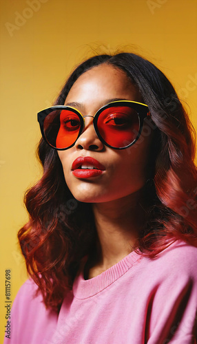 photo of beautiful african woman with style sunglasses standing against red and yellow background, generative AI