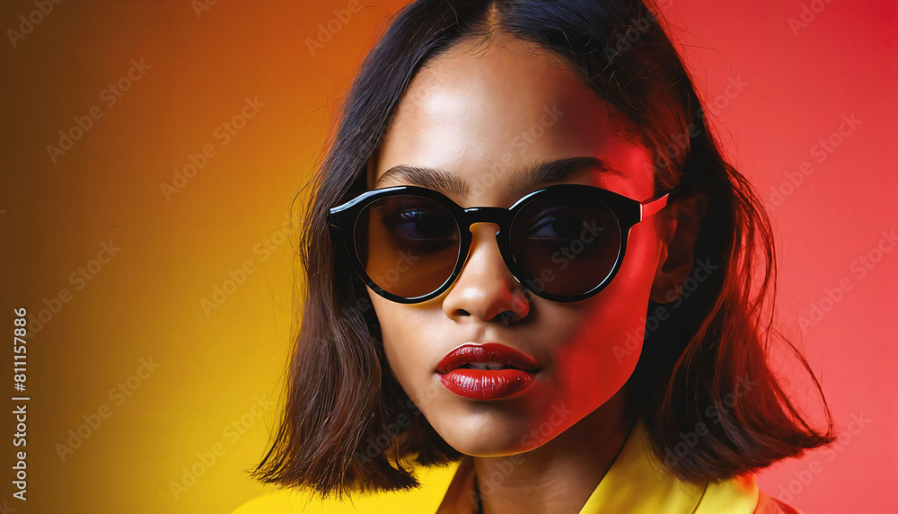 Fototapeta premium photo of beautiful african woman with style sunglasses standing against red and yellow background, generative AI