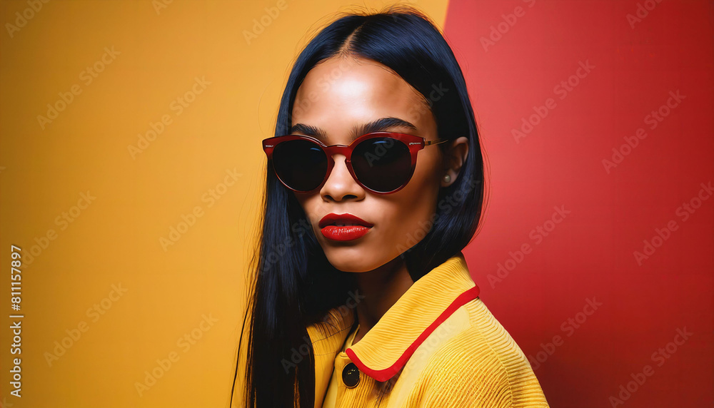 photo of beautiful african woman with style sunglasses standing against red and yellow background, generative AI photo of beautiful african woman with style sunglasses standing against red and yellow background, generative AI