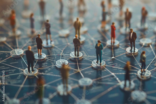 Business network concept with miniature business people standing on circle, social media connection map background. Digital technology and global communication illustration.