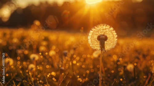 A single dandelion standing out in a field of grass. Suitable for nature and spring themes