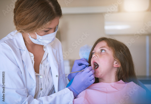 Girl  woman dentist and dental checking with oral hygiene and teeth care with patient and mouth exam. Toothache  tooth cleaning and medical help with kid  doctor and dentistry tool for healthcare