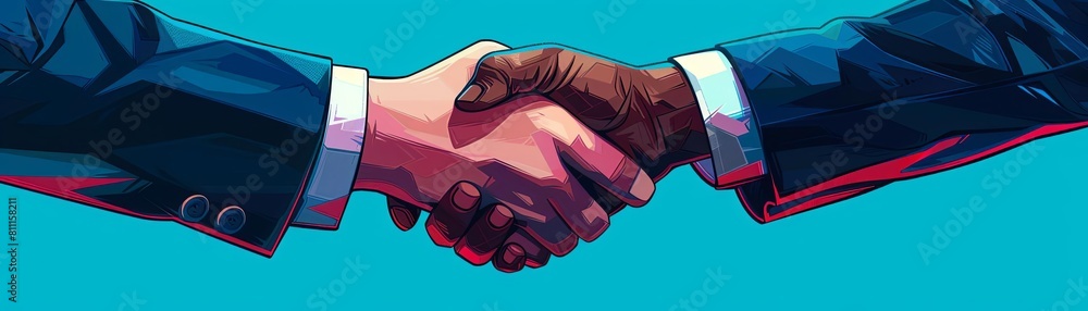 Fototapeta premium Handshake of two business men in suits isolated on blue background, closeup. Concept for successful holder or tower office hunter deal. Illustration in the style of Mhamse. Wide angle lens shot with S