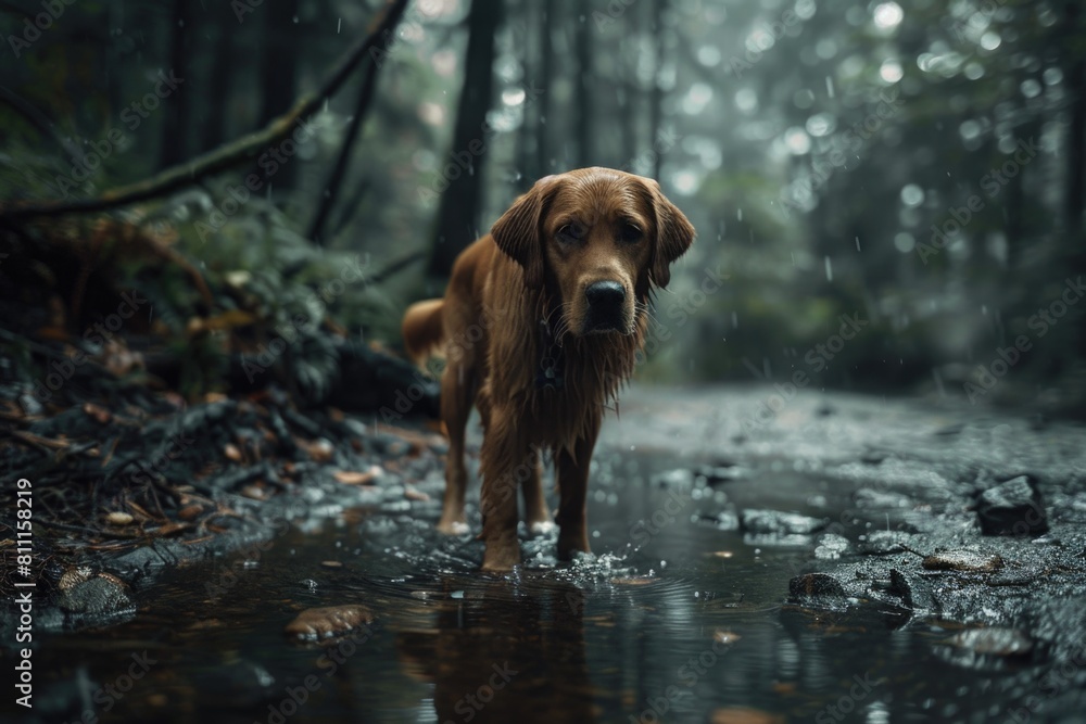 A brown dog standing in a puddle of water, suitable for pet care or outdoor activities A brown dog standing in a puddle of water, suitable for pet care or outdoor activities