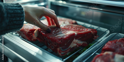 Close-up female hand putting raw meat in refrigerator. Cooking at home, chilled fresh red beef meat.