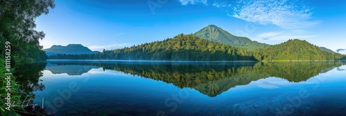 Hill Lake Reflection  Panoramic Landscape View of Volcanic Mountain Morning Light