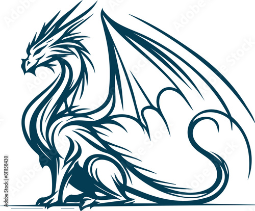 Classical mystical dragon with wings rendered in a minimalistic vector drawing photo