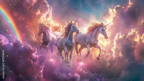 A beautiful image of three unicorns galloping through the clouds.