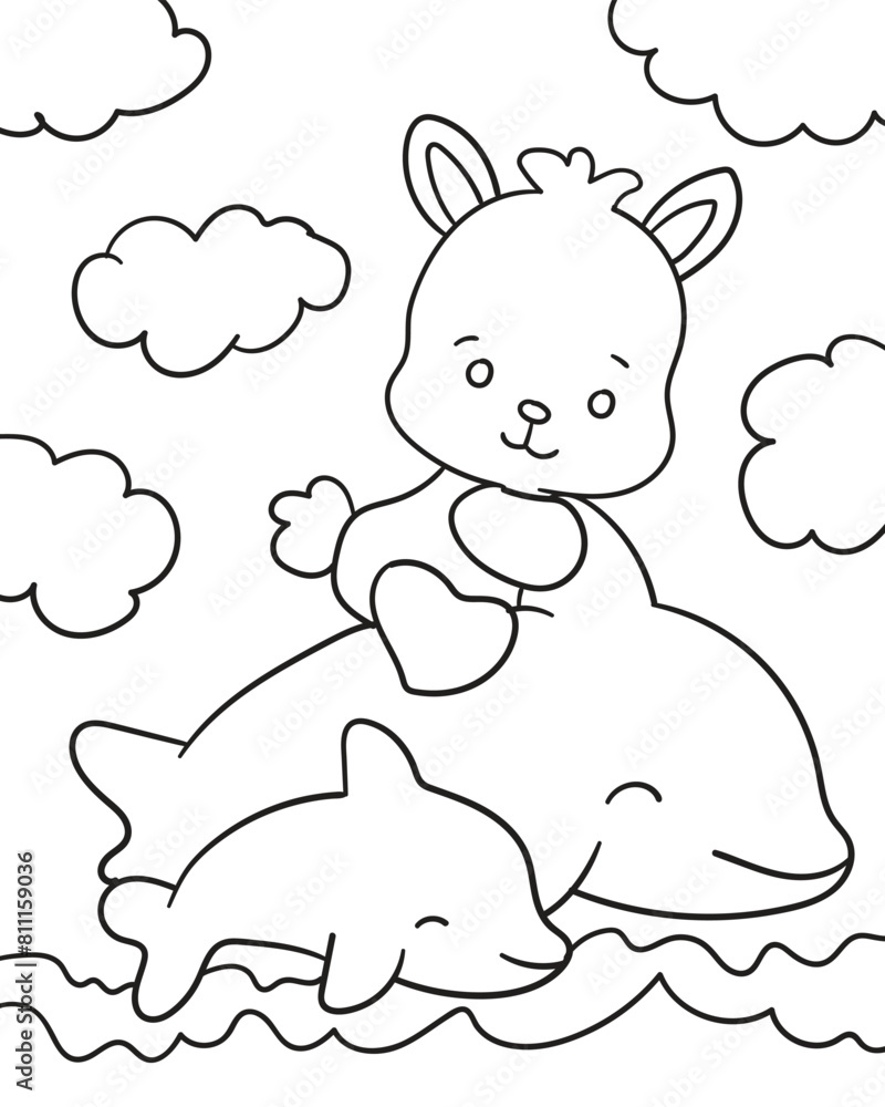 Fototapeta premium cute bunny sitting on the dolphins. Coloring book for children 