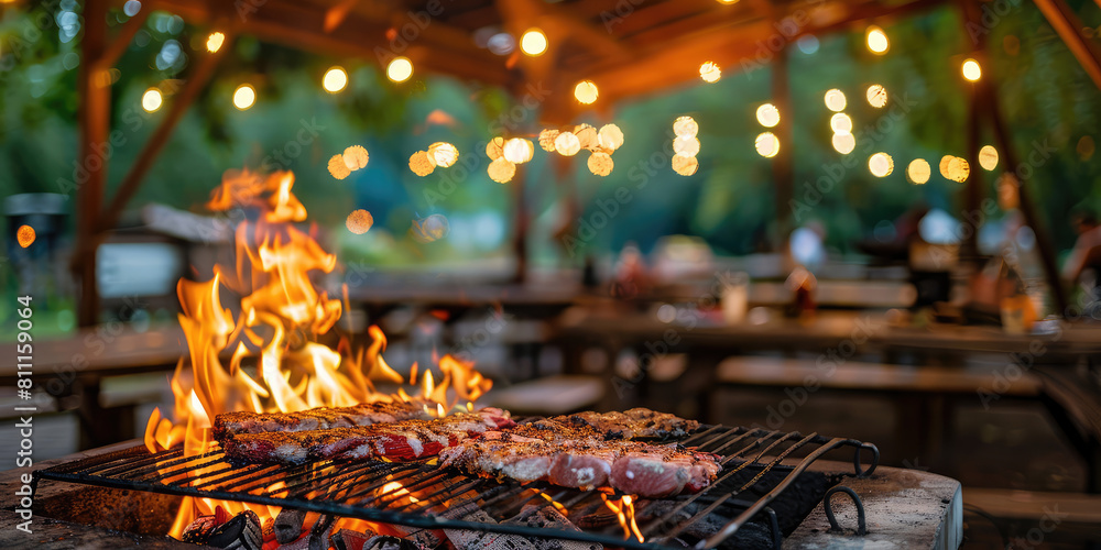 Close-up modern Barbecue Grill with Fire on Open Air outdoor. Close-up modern Barbecue Grill with Fire on Open Air outdoor.