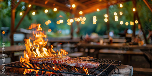 Close-up modern Barbecue Grill with Fire on Open Air outdoor.